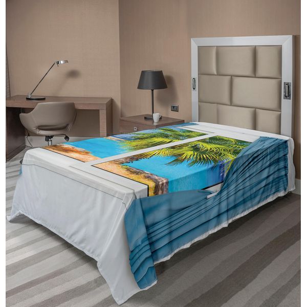 Abakuhaus Lenzuolo Da Letto, Vista Dalla Finestra Con Tenda Tropicale, Raggi Del Sole, Palme, Oceano, Stampa, Morbido E Confortevole Lenzuolo Superiore Per Un Letto Decorativo, 1 Pezzo, 190 Cm X 100 Cm, Blu Verde-image