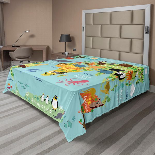 Abakuhaus Lenzuolo Fernweh, Cartone Animato Per Bambini Animali Del Mondo Fauna Esotica Con Oceano E Flora, Lenzuolo Superiore Morbido E Confortevole Per Un Letto Decorativo 1 Pezzo 244 Cm X 205 Cm, Azzurro Giallo Verde-image