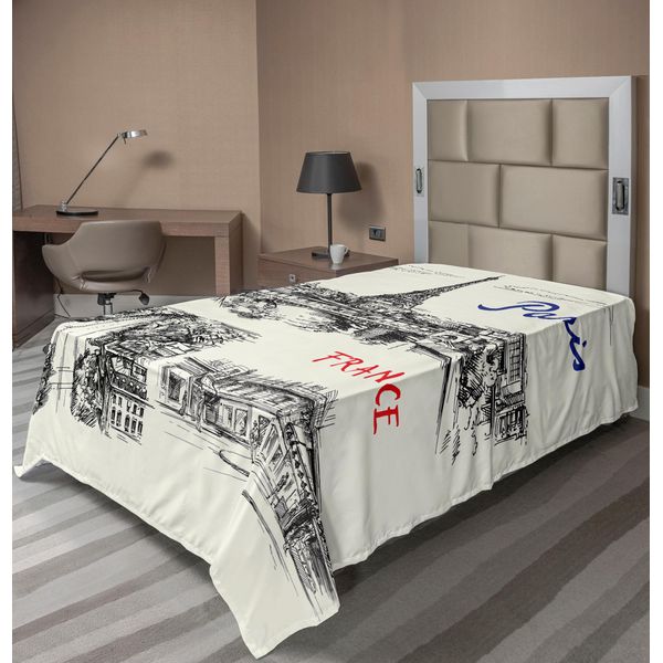Abakuhaus Lenzuolo Torre Eiffel, Parigi Silhouette Classica Illustrazione Paesaggistica, Morbido E Confortevole Lenzuolo Superiore Per Un Letto Decorativo 1 Pezzo 190 Cm X 100 Cm, Nero Crema-image
