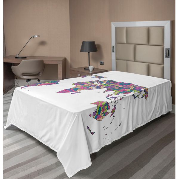 Abakuhaus Lenzuolo Fernweh, Mappa Del Mondo Colorata Con Fiori Che Sbocciano, Arte Floreale Educativa, Lenzuolo Superiore Morbido E Confortevole Per Un Letto Decorativo, 1 Pezzo, 190 Cm X 100 Cm, Verde Lime E Fucsia.-image