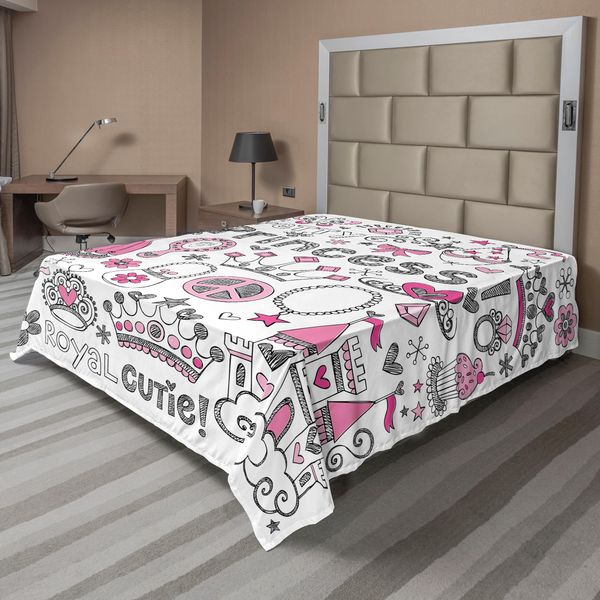 Abakuhaus Lenzuolo Da Letto Princess, Principessa Delle Fiabe Tiara Crown Notebook Doodle Bozzetti Illustrazioni, Lenzuolo Morbido E Confortevole Per Un Letto Decorativo 1 Pezzo 260 Cm X 228 Cm, Bianco Grigio Rosa-image