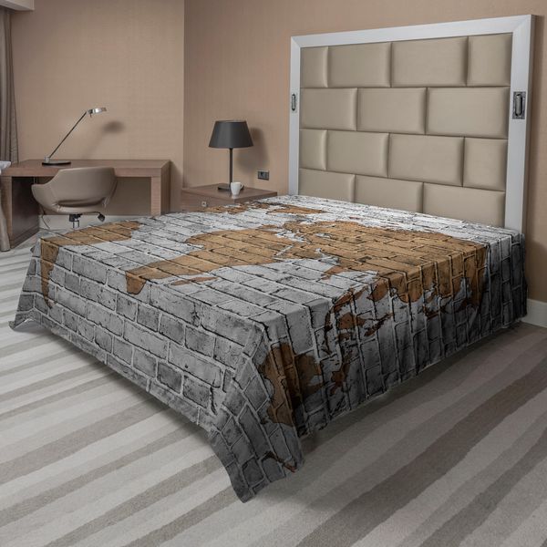 Abakuhaus Lenzuolo Fernweh, Mappa Del Mondo Su Vecchio Muro Di Mattoni Paesi Continenti In Stile Vintage Ruvido, Lenzuolo Superiore Morbido E Confortevole Per Un Letto Decorativo 1 Pezzo 275 Cm X 260 Cm, Grigio Chiaro Marrone Chiaro-image