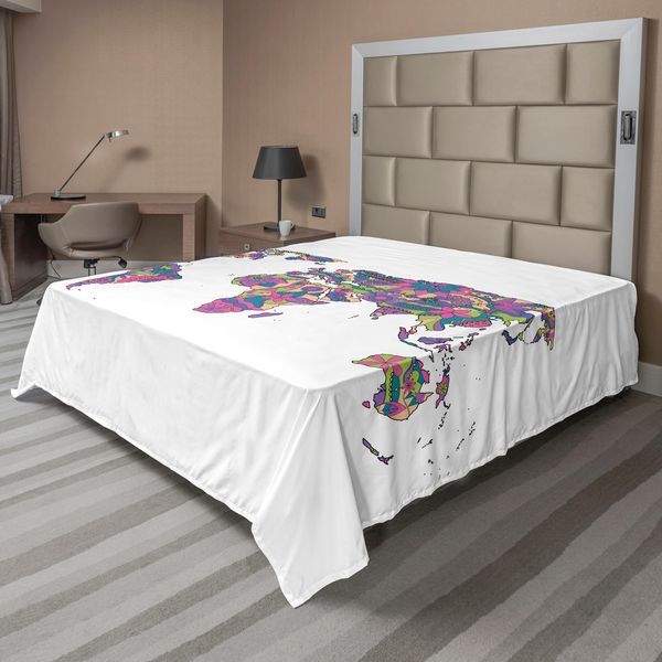 Abakuhaus Lenzuolo Fernweh, Mappa Del Mondo Colorata Con Fiori Che Sbocciano, Arte Floreale Educativa, Lenzuolo Superiore Morbido E Confortevole Per Un Letto Decorativo, 1 Pezzo, 266 Cm X 260 Cm, Verde Lime E Fucsia.-image