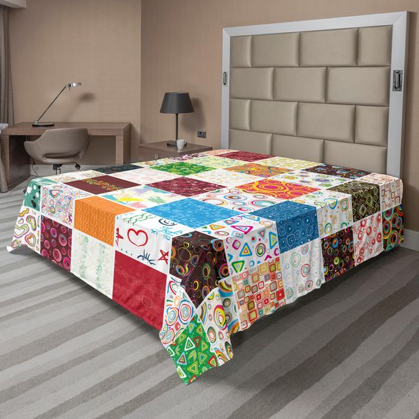 Lenzuolo Retrò Abakuhaus, Grande Patchwork Con Motivi Tradizionali Classici, Vintage E Festivi, Morbido E Confortevole Lenzuolo Superiore Per Un Letto Decorativo 1 Pezzo 266 Cm X 260 Cm, Multicolore-image