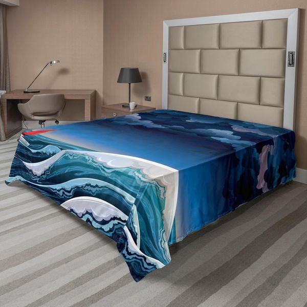 Abakuhaus Lenzuolo Con Barca A Vela, Paesaggio Notturno Con Barca A Vela E Cielo Tempestoso, Illustrazione Cartoon, Lenzuolo Morbido E Confortevole Per Un Letto Decorativo, 1 Pezzo, 266 Cm X 260 Cm, Blu Petrolio Verde Acqua-image