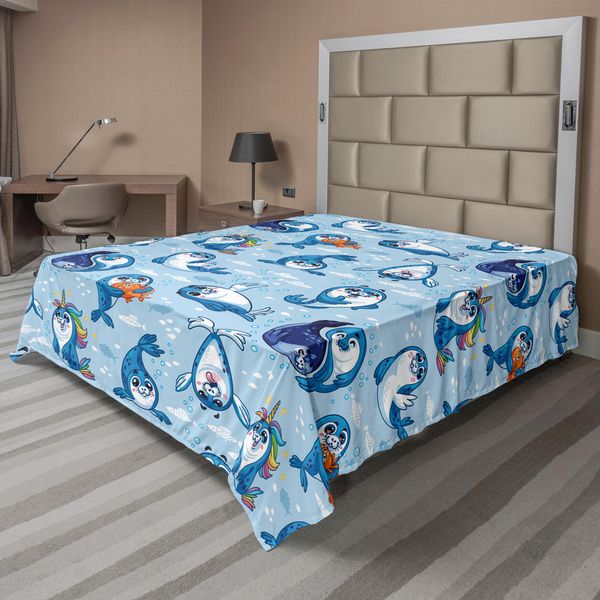 Abakuhaus Lenzuolo Con Animali Marini, Seal Pup Cartoon Aquatic Wilderness Abbraccio Bolle D'acqua Bambini, Lenzuolo Morbido E Confortevole Per Un Letto Decorativo 1 Pezzo 260 Cm X 228 Cm, Blu Bianco Calendula-image