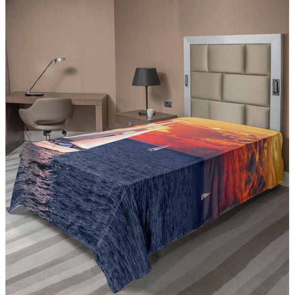 Abakuhaus Lenzuolo Con Barca A Vela, Barca A Vela Che Naviga In Una Tranquilla Serata Con Sole E Cielo Colorato, Lenzuolo Morbido E Confortevole Per Un Letto Decorativo 1 Pezzo 190 Cm X 100 Cm, Blu Scuro Arancione Bianco-image