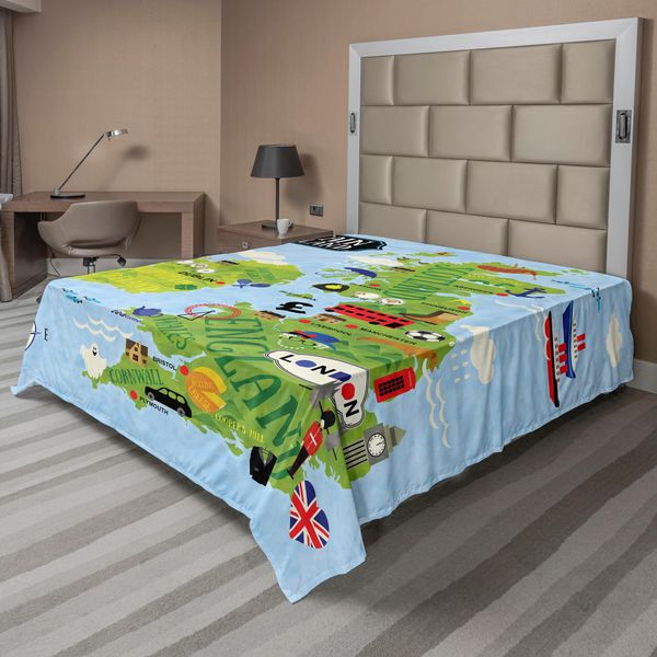 Abakuhaus Lenzuolo Fernweh, Cartoline Illustrate Della Gran Bretagna E Dell'irlanda, Soldati Bambini, Attrazioni Turistiche, Lenzuolo Morbido E Confortevole Per Un Letto Decorativo, 1 Pezzo, 266 Cm X 260 Cm, Blu Pallido E Verde Mela.-image