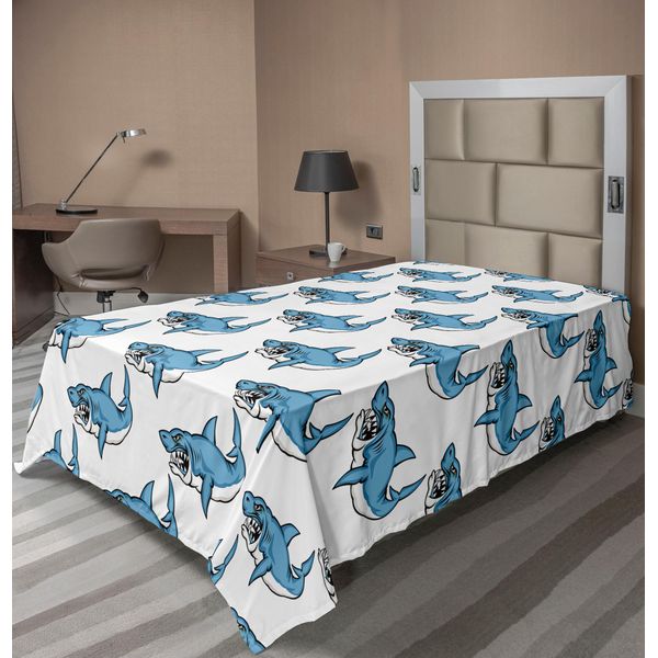 Abakuhaus Lenzuolo Con Motivi Marini, Feroce Predatore Squalo Selvaggio Nuoto Denti Affilati Morso Tema Marino, Lenzuolo Morbido E Confortevole Per Un Letto Decorativo 1 Pezzo 260 Cm X 168 Cm, Blu Bianco-image