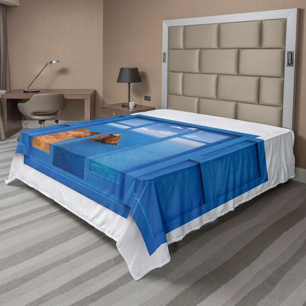 Abakuhaus Lenzuolo Con Faro, Vista Dalla Finestra Del Faro Di Cabo Foto Montagna Immagine Del Mediterraneo Stampa Artistica, Lenzuolo Morbido E Confortevole Per Un Letto Decorativo 1 Pezzo 260 Cm X 228 Cm, Blu Bianco-image