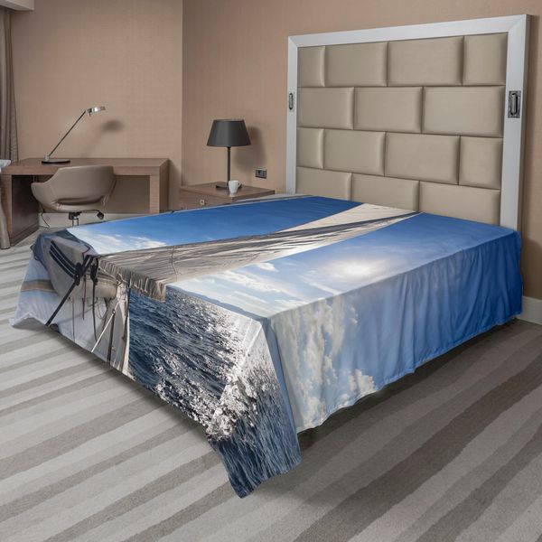 Abakuhaus Lenzuolo Con Barca A Vela, Barca A Vela In Mare, Tema Marittimo Con Riflessi Solari Luminosi, Lenzuolo Morbido E Confortevole Per Un Letto Decorativo, 1 Pezzo, 260 Cm X 228 Cm, Blu E Bianco-image