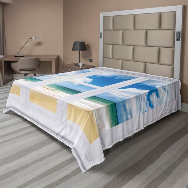 Abakuhaus Lenzuolo Da Letto, Strant House Finestra Con Vista Sull'oceano Sole E Sabbia, Morbido E Confortevole Lenzuolo Superiore Per Un Letto Decorativo 1 Pezzo 244 Cm X 205 Cm, Blu Verde Acqua Sabbia Marrone-image