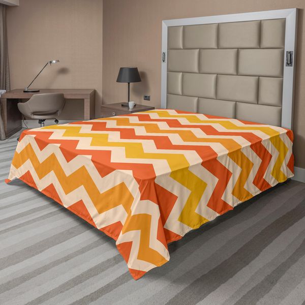 Abakuhaus Lenzuolo Angolare, Motivo Geometrico Ondulato, Colori Caldi E Vivaci, Grafica Decorativa In Stile Vintage, Lenzuolo Morbido E Confortevole Per Un Letto Decorativo, 1 Pezzo, 244 Cm X 205 Cm, Arancione, Crema, Giallo-image