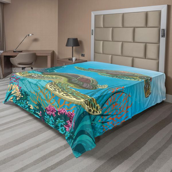 Abakuhaus Lenzuolo Con Animali Marini, Illustrazione Di Due Tartarughe Marine, Stampa Con Animali Selvatici Sott'acqua, Lenzuolo Morbido E Confortevole Per Un Letto Decorativo 1 Pezzo 244 Cm X 205 Cm, Multicolore-image