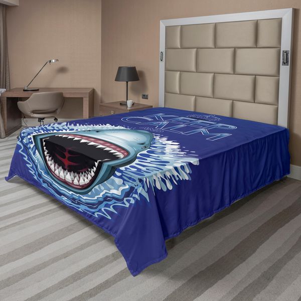 Abakuhaus Lenzuolo Con Motivi Marini, Mantieni La Calma E Squalo Mascella Attacco Predatore Selvaggio Natura Acquatica, Morbido E Confortevole Lenzuolo Superiore Per Un Letto Decorativo 1 Pezzo 266 Cm X 260 Cm, Blu Bianco-image