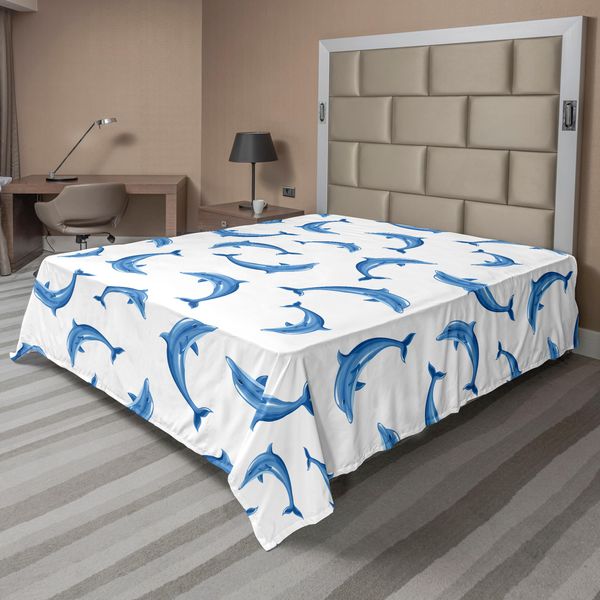 Abakuhaus Lenzuolo Con Motivi Marini, Con Delfini Tra Gli Animali Marini Che Nuotano Creature Acquatiche, Lenzuolo Morbido E Confortevole Per Un Letto Decorativo 1 Pezzo 244 Cm X 205 Cm, Blu E Bianco-image