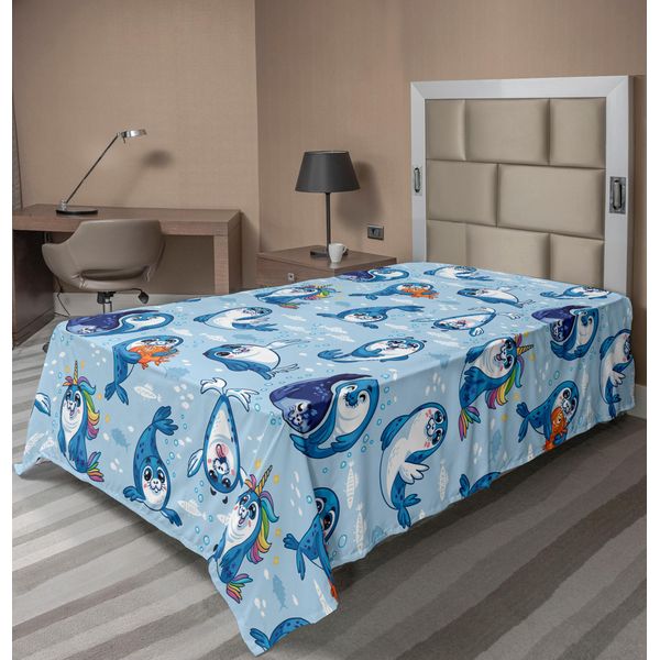 Abakuhaus Lenzuolo Con Animali Marini, Seal Pup Cartoon Aquatic Wilderness Abbraccio Bolle D'acqua Bambini, Lenzuolo Morbido E Confortevole Per Un Letto Decorativo 1 Pezzo 190 Cm X 100 Cm, Blu Bianco Calendula-image