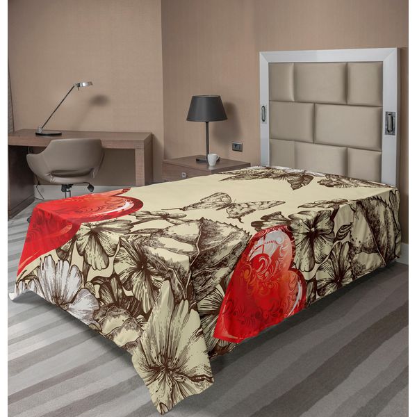 Abakuhaus Lenzuolo, Motivo San Valentino Con Fiori E Farfalle, Stampa Vintage A Tema Festivo, Lenzuolo Morbido E Confortevole Per Un Letto Decorativo, 1 Pezzo, 190 Cm X 100 Cm, Beige, Marrone, Rosso-image