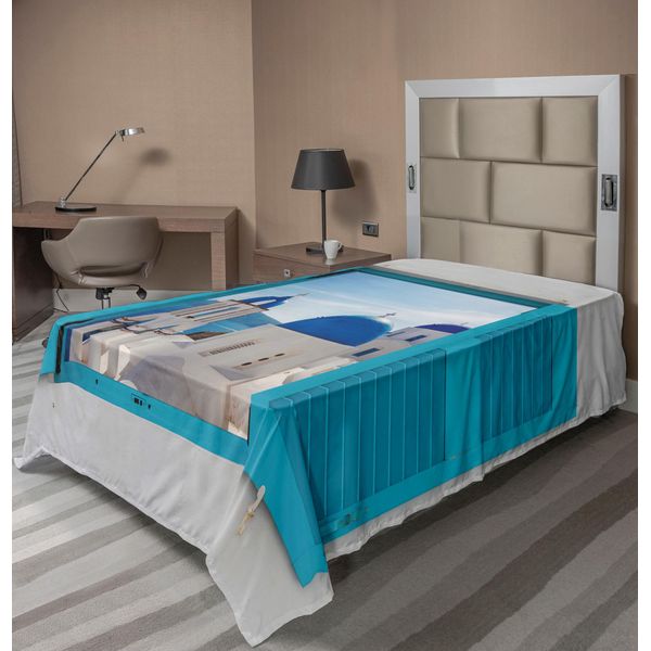 Abakuhaus Lenzuolo Paesaggistico, Vista Finestra Edificio Classico Cupole Blu Oia Santorini Grecia, Morbido E Confortevole Lenzuolo Superiore Per Un Letto Decorativo 1 Pezzo 190 Cm X 100 Cm, Bianco Acquamarina Blu-image