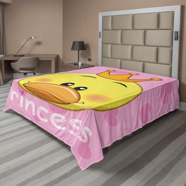 Abakuhaus Lenzuolo Da Letto Femminile, Adorabile Principessa Con Tiara E Cuori Sullo Sfondo, Grafica Divertente, Lenzuolo Morbido E Confortevole Per Un Letto Decorativo, 1 Pezzo, 260 Cm X 228 Cm, Giallo E Rosa-image