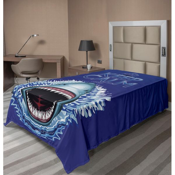 Abakuhaus Lenzuolo Con Animali Marini, Mantieni La Calma E Attacco Della Mascella Dello Squalo Predatore Selvaggio Natura Acquatica, Morbido E Confortevole Lenzuolo Superiore Per Un Letto Decorativo 1 Pezzo 260 Cm X 168 Cm, Blu Bianco-image