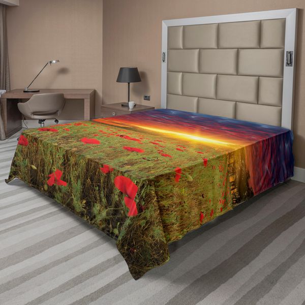 Abakuhaus Lenzuolo Con Fiori, Prato Con Erba E Papaveri, Cielo Scuro E Drammatico Sullo Sfondo, Lenzuolo Morbido E Confortevole Per Un Letto Decorativo, 1 Pezzo, 275 Cm X 260 Cm, Blu Cadetto, Rosso Scarlatto, Verde.-image