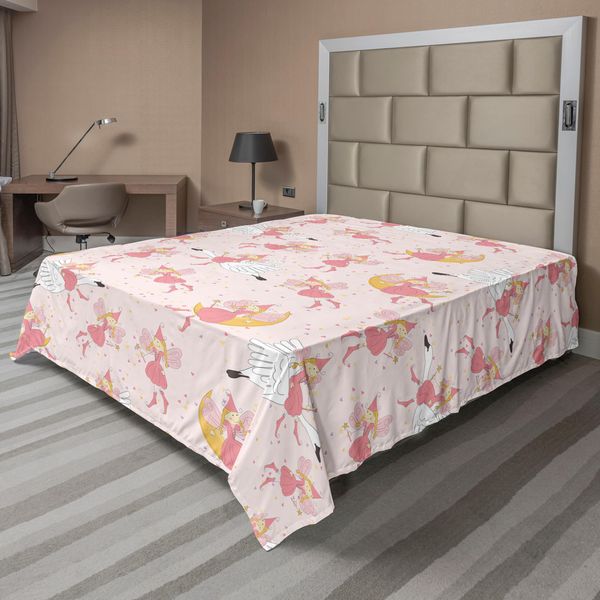 Abakuhaus Lenzuolo Da Letto Princess, Motivo Con Fate Volanti Sulla Luna Che Cavalcano Un Cigno Magico, Lenzuolo Morbido E Confortevole Per Un Letto Decorativo 1 Pezzo 266 Cm X 260 Cm, Rosa Terra Giallo Rosa-image