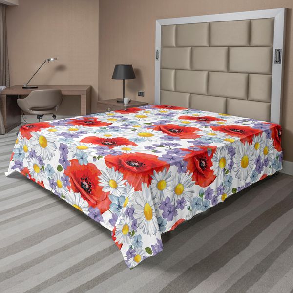 Abakuhaus Lenzuolo Con Fiori, Fiori Viola Papaveri E Margherite Grafica Estiva Fiori Selvatici Naturali, Lenzuolo Morbido E Confortevole Per Un Letto Decorativo 1 Pezzo 260 Cm X 228 Cm, Lavanda Scarlatta-image