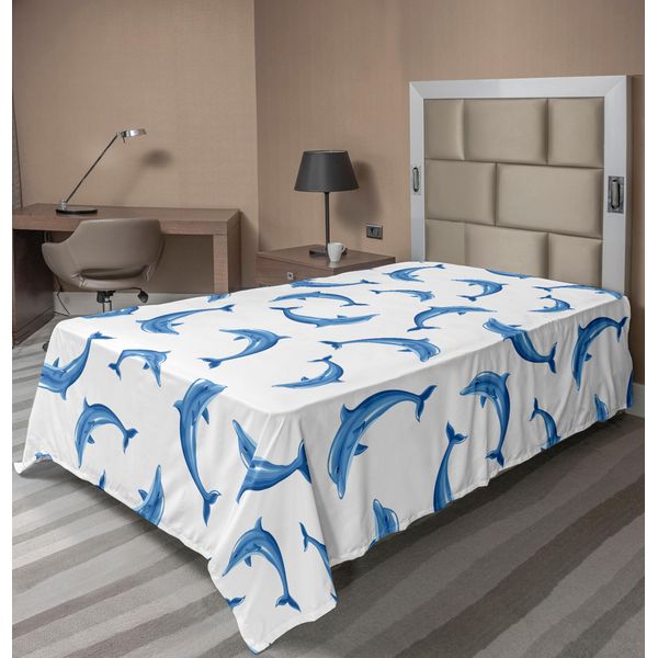 Abakuhaus Lenzuolo Con Motivi Marini, Con Delfini Tra Gli Animali Marini Che Nuotano Creature Acquatiche, Lenzuolo Morbido E Confortevole Per Un Letto Decorativo 1 Pezzo 260 Cm X 168 Cm, Blu E Bianco-image