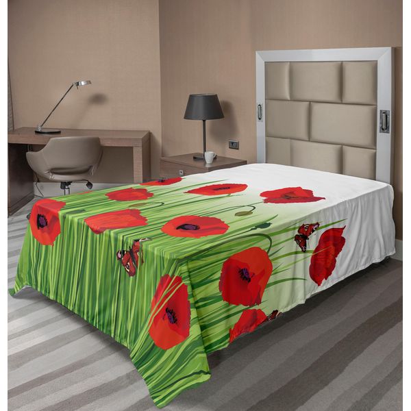 Abakuhaus Lenzuolo Con Fiori, Erba, Farfalle E Composizione Floreale, Stampa Artistica Estiva Greenland, Lenzuolo Morbido E Confortevole Per Un Letto Decorativo, 1 Pezzo, 260 Cm X 168 Cm, Verde E Rosso-image