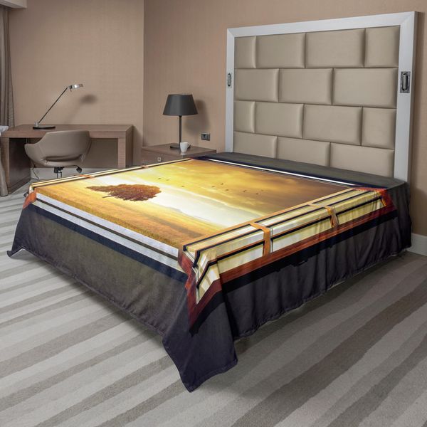 Abakuhaus Lenzuolo Primaverile, Una Finestra Aperta Su Un Paesaggio Primaverile Soleggiato Con Uccellini, Morbido E Confortevole Lenzuolo Superiore Per Un Letto Decorativo 1 Pezzo 244 Cm X 205 Cm, Grigio Marigold Marrone-image