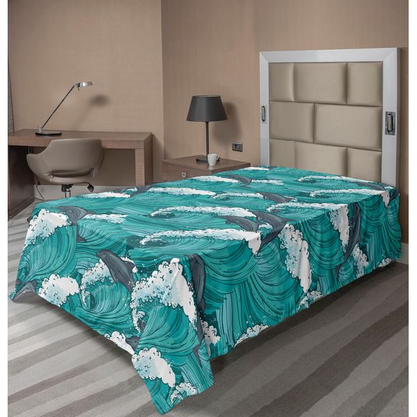 Abakuhaus Lenzuolo Con Motivi Marini, Oceano Ondulato Con Delfini E Surfisti, Stampa Artistica, Lenzuolo Morbido E Confortevole Per Un Letto Decorativo, 1 Pezzo, 260 Cm X 168 Cm, Grigio Antracite, Verde Acqua E Bianco.-image
