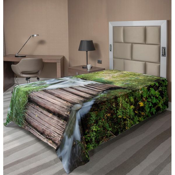 Abakuhaus Lenzuolo Jungle, Passerella Di Legno Lungo Il Fiume Nella Giungla Verde Paesaggio Acquatico, Lenzuolo Morbido E Confortevole Per Un Letto Decorativo 1 Pezzo 260 Cm X 168 Cm, Bianco Marrone Verde-image