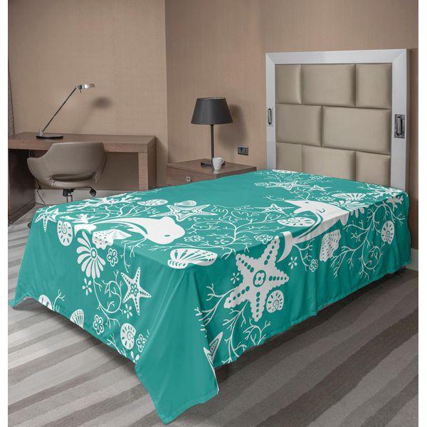 Abakuhaus Lenzuolo Con Motivi Marini, Delfini Fiori Sea Life Motivo Floreale Stella Marina Corallo Conchiglia Carta Da Parati, Lenzuolo Morbido E Confortevole Per Un Letto Decorativo 1 Pezzo 190 Cm X 100 Cm, Verde Mare Bianco-image