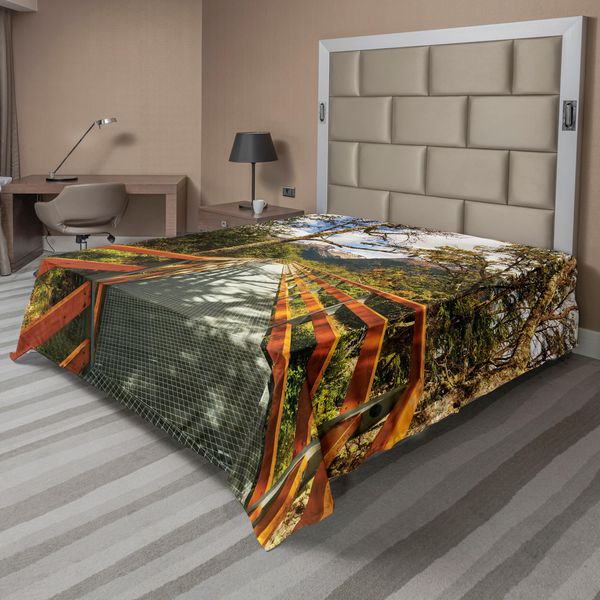 Abakuhaus Lenzuolo Paesaggistico, Passerella Di Legno Nella Foresta Wilderness Getaway Sentiero Escursionistico Estate Escursione, Lenzuolo Morbido E Confortevole Per Un Letto Decorativo 1 Pezzo 275 Cm X 260 Cm, Arancione Verde Marrone-image