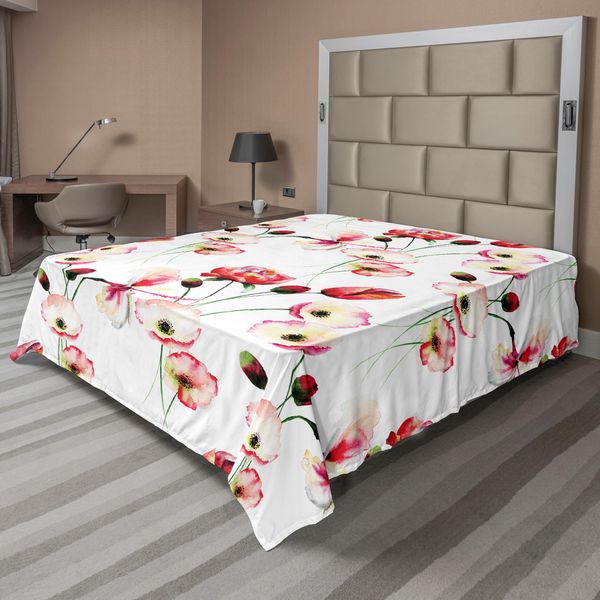 Abakuhaus Lenzuolo Con Fiori, Motivo Con Illustrazione Di Rami Di Papaveri Effetto Acquerello, Lenzuolo Morbido E Confortevole Per Un Letto Decorativo 1 Pezzo 275 Cm X 260 Cm, Multicolore-image