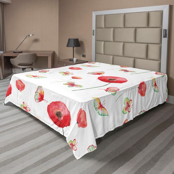 Abakuhaus Lenzuolo Con Fiori, Motivo Vintage Con Papaveri E Farfalle, Stampa Artistica A Tema Romantico, Lenzuolo Morbido E Confortevole Per Un Letto Decorativo, 1 Pezzo, 266 Cm X 260 Cm, Cocco E Rosso-image
