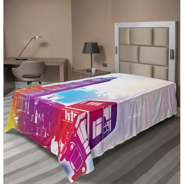 Abakuhaus London Lenzuolo, Big Ben Storico E Autobus Grande Torre Campanaria Europa Britannica Pietra Miliare Stradale, Lenzuolo Morbido E Confortevole Per Un Letto Decorativo 1 Pezzo 190 Cm X 100 Cm, Giallo Viola Rosso-image