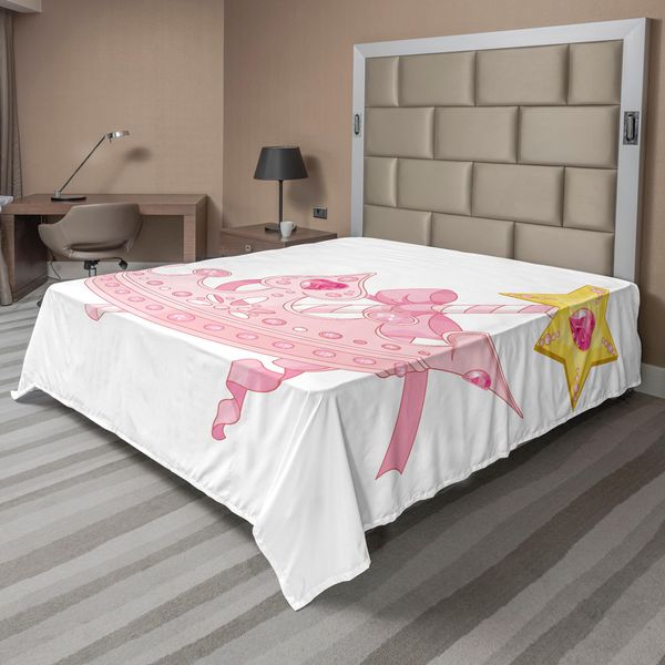 Abakuhaus Lenzuolo Da Letto Princess, Corona Bacchetta Magica Per Vere Principesse Stampa Ribbon Golden Antique Artwork, Lenzuolo Morbido E Confortevole Per Un Letto Decorativo 1 Pezzo 260 Cm X 228 Cm, Rosa Pallido Giallo-image