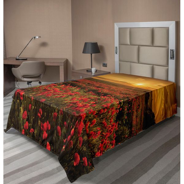Abakuhaus Lenzuolo Con Fiori, Campo Di Papaveri Al Tramonto, Raggi Di Sole, Prato, Nuvole, Lenzuolo Morbido E Confortevole Per Un Letto Decorativo, 1 Pezzo, 260 Cm X 168 Cm, Calendula, Rosso Scarlatto-image