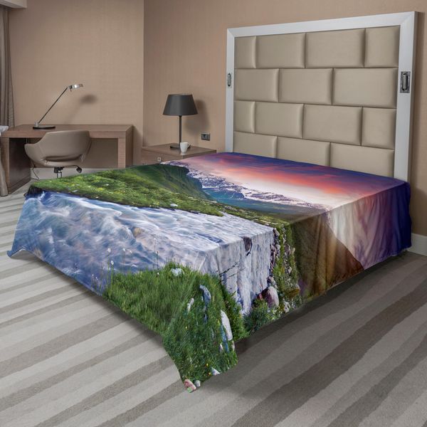 Abakuhaus Lenzuolo Asiatico, Gonne Colorate Con Cielo Nuvoloso Shkhara Svaneti Georgia Caucasus Mountains, Lenzuolo Morbido E Confortevole Per Un Letto Decorativo 1 Pezzo 244 Cm X 205 Cm, Verde Felce Azzurro-image