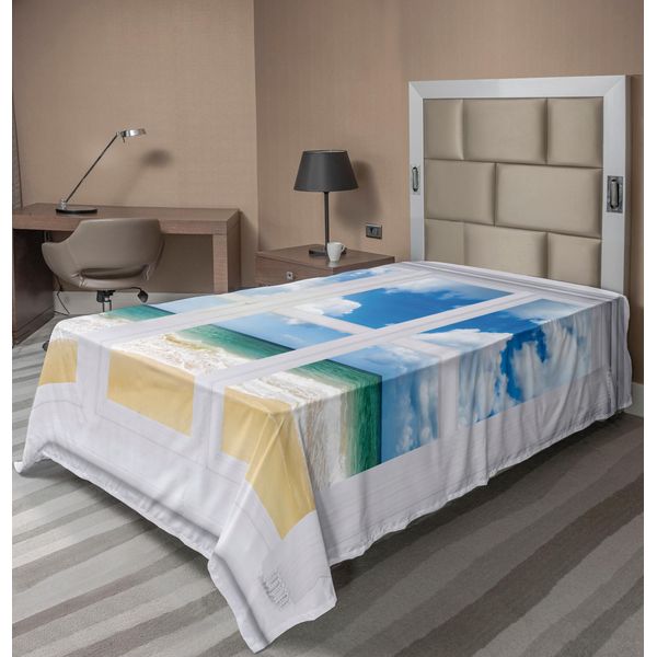 Abakuhaus Lenzuolo Da Letto, Strant House Finestra Con Vista Sull'oceano Sole E Sabbia, Morbido E Confortevole Lenzuolo Superiore Per Un Letto Decorativo 1 Pezzo 190 Cm X 100 Cm, Blu Verde Acqua Sabbia Marrone-image