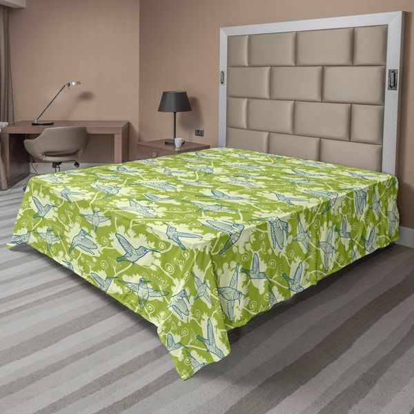 Abakuhaus Lenzuolo Colibrì, Fiori Tropicali Con Colibrì In Volo Natura Selvaggia In Fiore, Morbido E Confortevole Lenzuolo Superiore Per Un Letto Decorativo 1 Pezzo 244 Cm X 205 Cm, Verde Lime Crema Blu-image