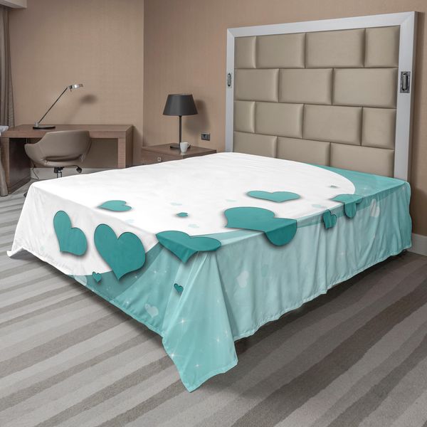 Abakuhaus Lenzuolo Turchese, San Valentino Romantic Art Con Cuori Stelle Matrimonio Felicità Tema, Morbido E Confortevole Lenzuolo Superiore Per Un Letto Decorativo 1 Pezzo 260 Cm X 228 Cm, Turchese Verde Acqua Bianco-image