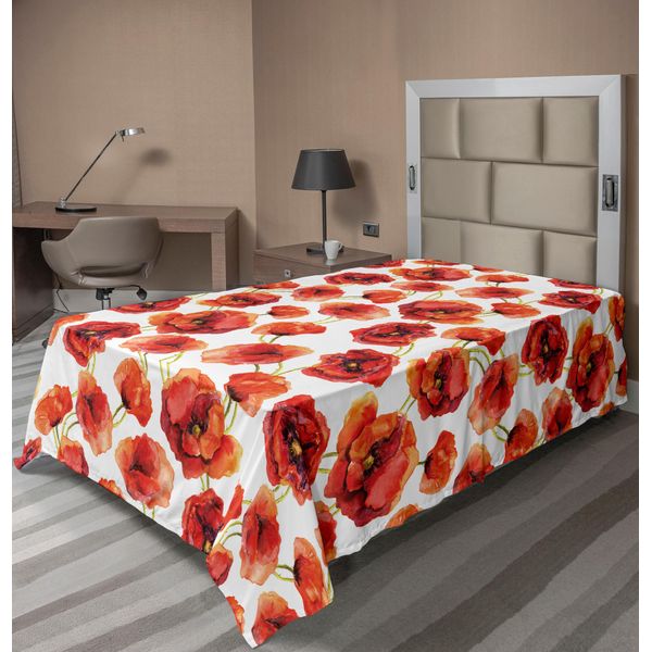 Abakuhaus Lenzuolo Con Fiori, Motivo Floreale Con Papaveri, Tessuto Di Design, Stampa Greenfield, Lenzuolo Morbido E Confortevole Per Un Letto Decorativo, 1 Pezzo, 260 Cm X 168 Cm, Rosso Scarlatto E Bianco-image