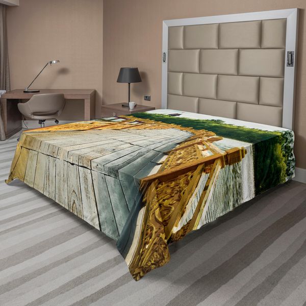 Abakuhaus Lenzuolo Paesaggistico, Ponti In Legno Da Costruzione, Attrazione Turistica Dorata, Fiume Travelling Waterscape, Lenzuolo Morbido E Confortevole Per Un Letto Decorativo, 1 Pezzo, 244 Cm X 205 Cm, Senape, Marrone Chiaro, Verde-image