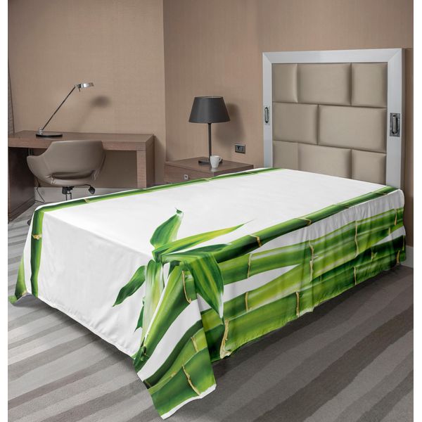 Abakuhaus Lenzuolo Asiatico, Rami Giapponesi Della Pianta Di Bambù Fengshui Motivo Fotografico Minimalista, Lenzuolo Superiore Morbido E Confortevole Per Un Letto Decorativo 1 Pezzo 190 Cm X 100 Cm, Verde Felce Bianco-image