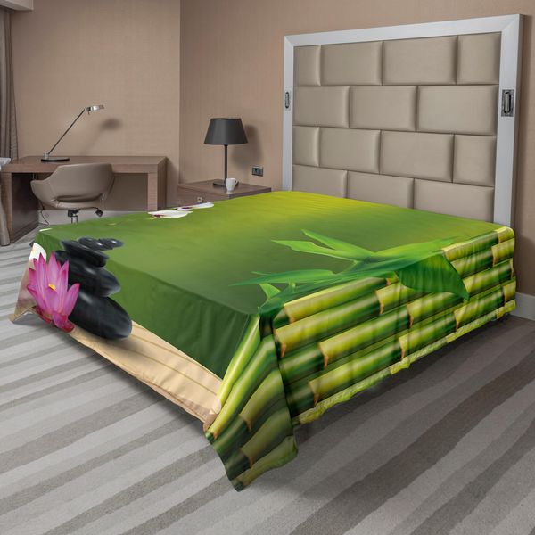 Abakuhaus Lenzuolo Da Letto, Bambù Fiori Cera Di Pietra Tavolo Orchidee Roccia Tema Stile Di Vita Sano, Morbido E Confortevole Lenzuolo Superiore Per Un Letto Decorativo 1 Pezzo 266 Cm X 260 Cm, Verde Felce Fucsia Bianco-image