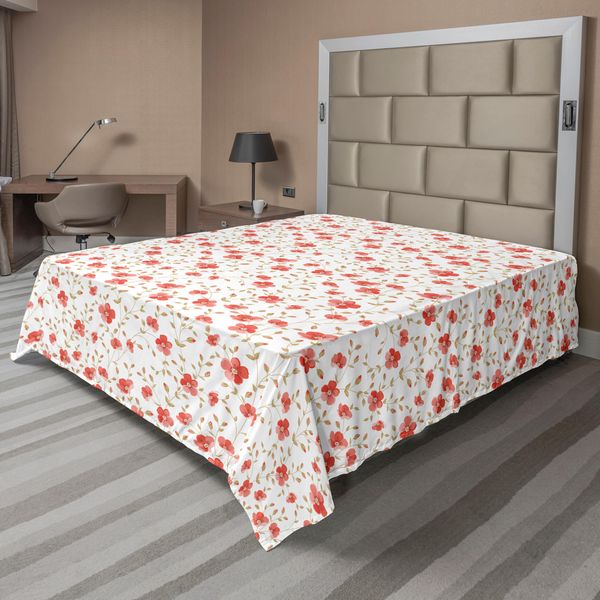 Abakuhaus Lenzuolo Con Fiori, Foglie E Fiori Sbocciati In Colori Pastello Naturali, Lenzuolo Morbido E Confortevole Per Un Letto Decorativo 1 Pezzo 266 Cm X 260 Cm, Corallo Scuro Bianco-image