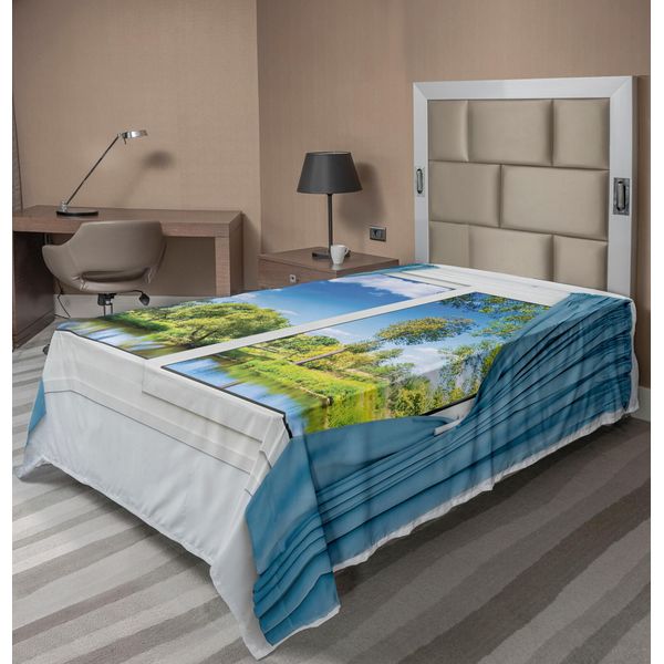 Abakuhaus Lenzuolo, Panorama Rurale Con Riflesso Della Finestra Nell'acqua E Alberi In Estate, Lenzuolo Morbido E Confortevole Per Un Letto Decorativo 1 Pezzo 260 Cm X 168 Cm, Verde Bianco Blu-image